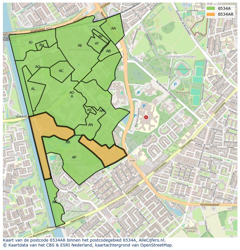 Afbeelding van het postcodegebied 6534 AR op de kaart.