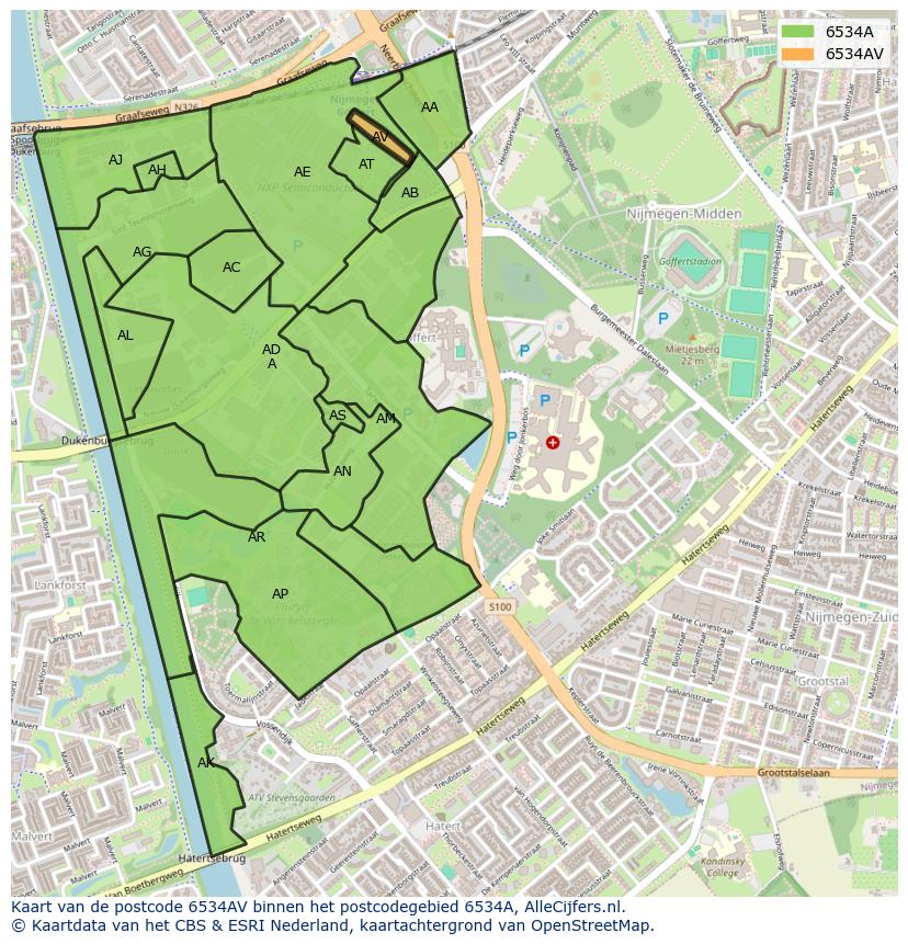 Afbeelding van het postcodegebied 6534 AV op de kaart.