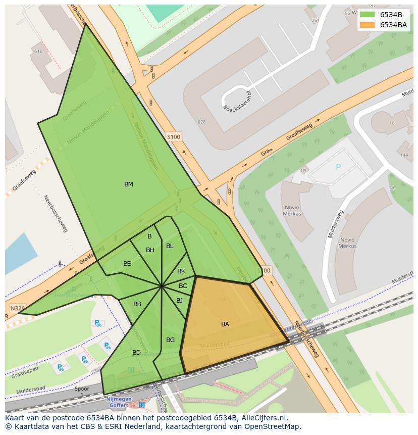 Afbeelding van het postcodegebied 6534 BA op de kaart.