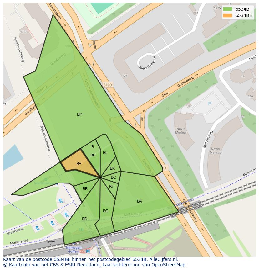Afbeelding van het postcodegebied 6534 BE op de kaart.