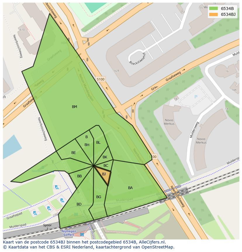 Afbeelding van het postcodegebied 6534 BJ op de kaart.