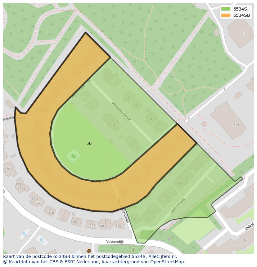Afbeelding van het postcodegebied 6534 SB op de kaart.