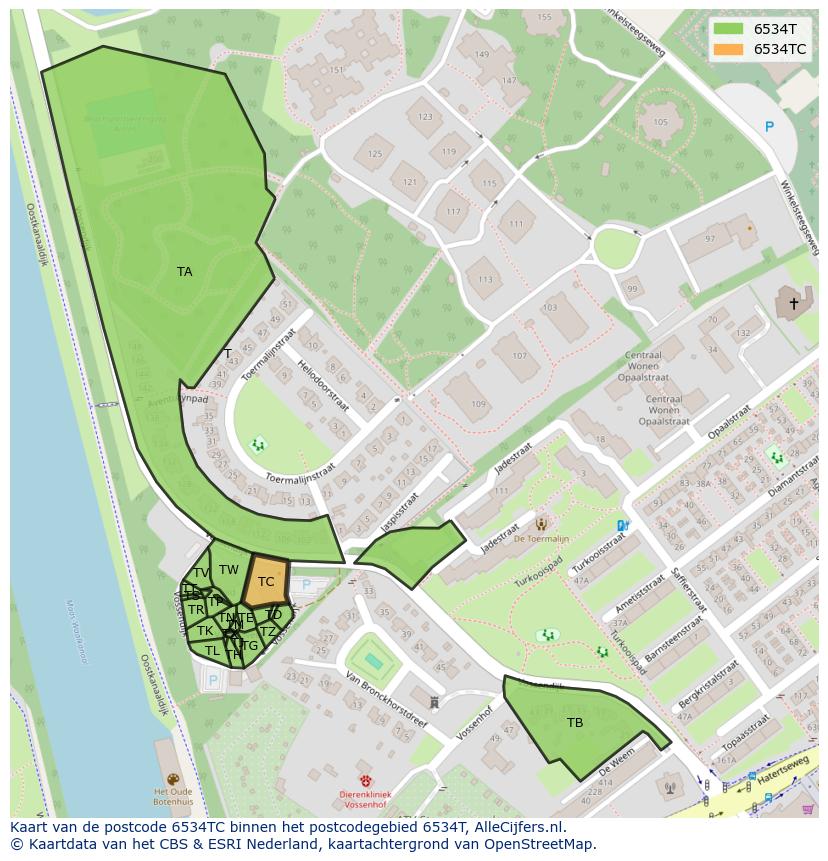 Afbeelding van het postcodegebied 6534 TC op de kaart.