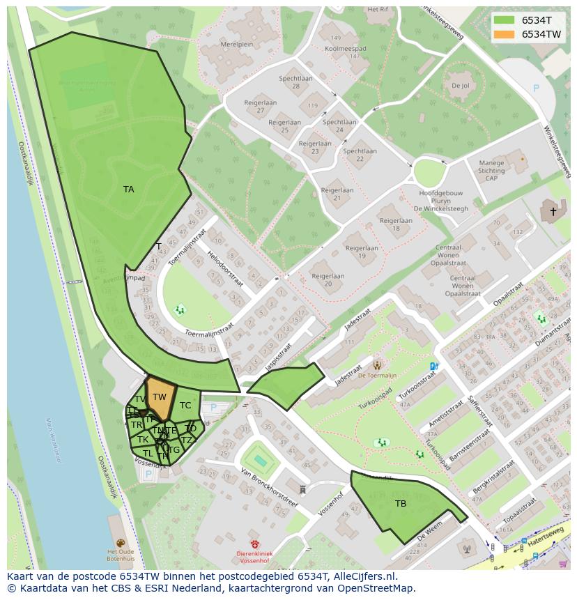 Afbeelding van het postcodegebied 6534 TW op de kaart.
