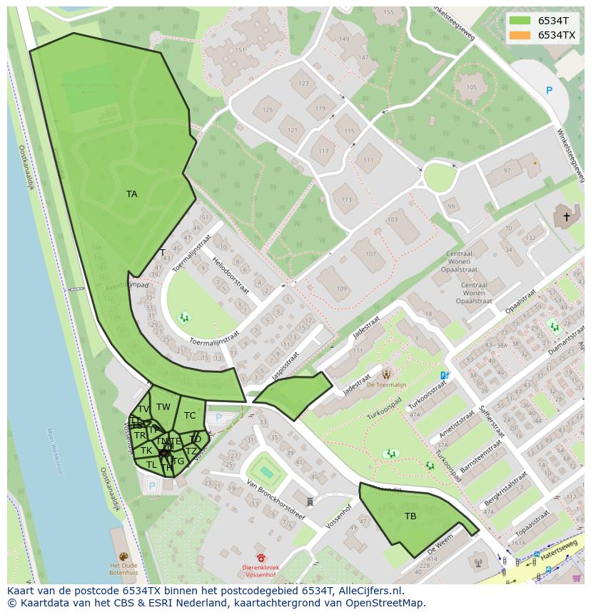 Afbeelding van het postcodegebied 6534 TX op de kaart.