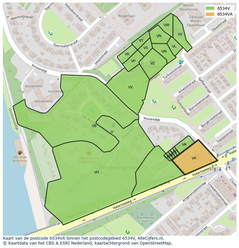 Afbeelding van het postcodegebied 6534 VA op de kaart.
