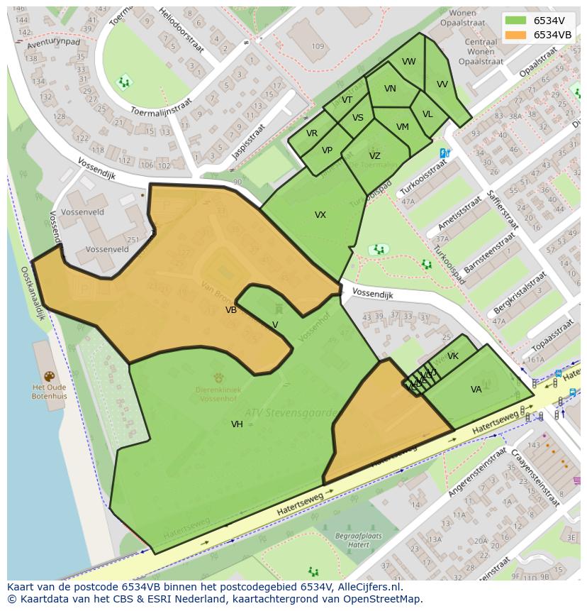Afbeelding van het postcodegebied 6534 VB op de kaart.
