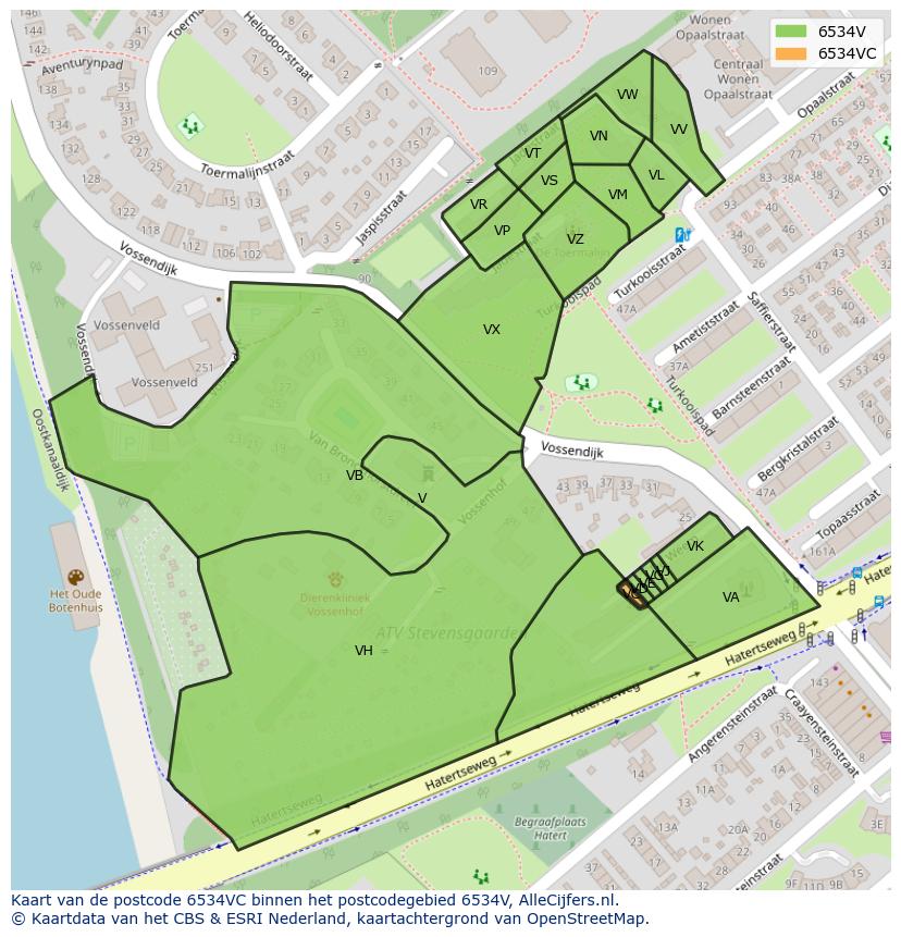 Afbeelding van het postcodegebied 6534 VC op de kaart.
