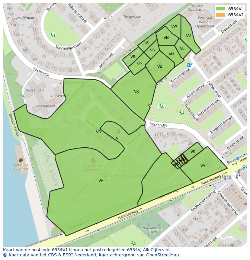 Afbeelding van het postcodegebied 6534 VJ op de kaart.