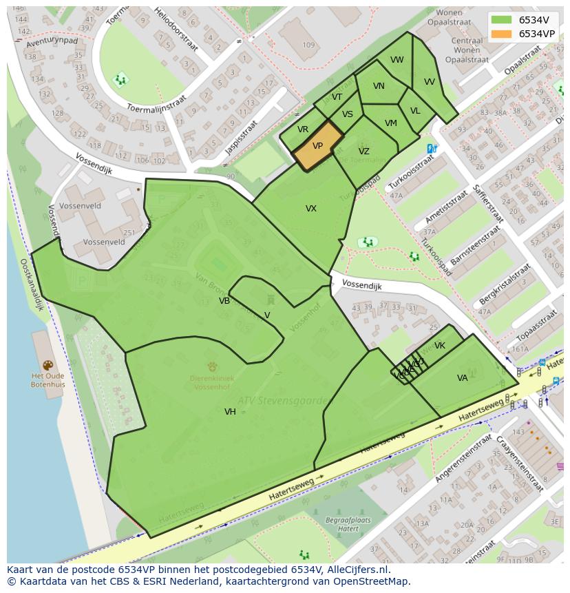 Afbeelding van het postcodegebied 6534 VP op de kaart.