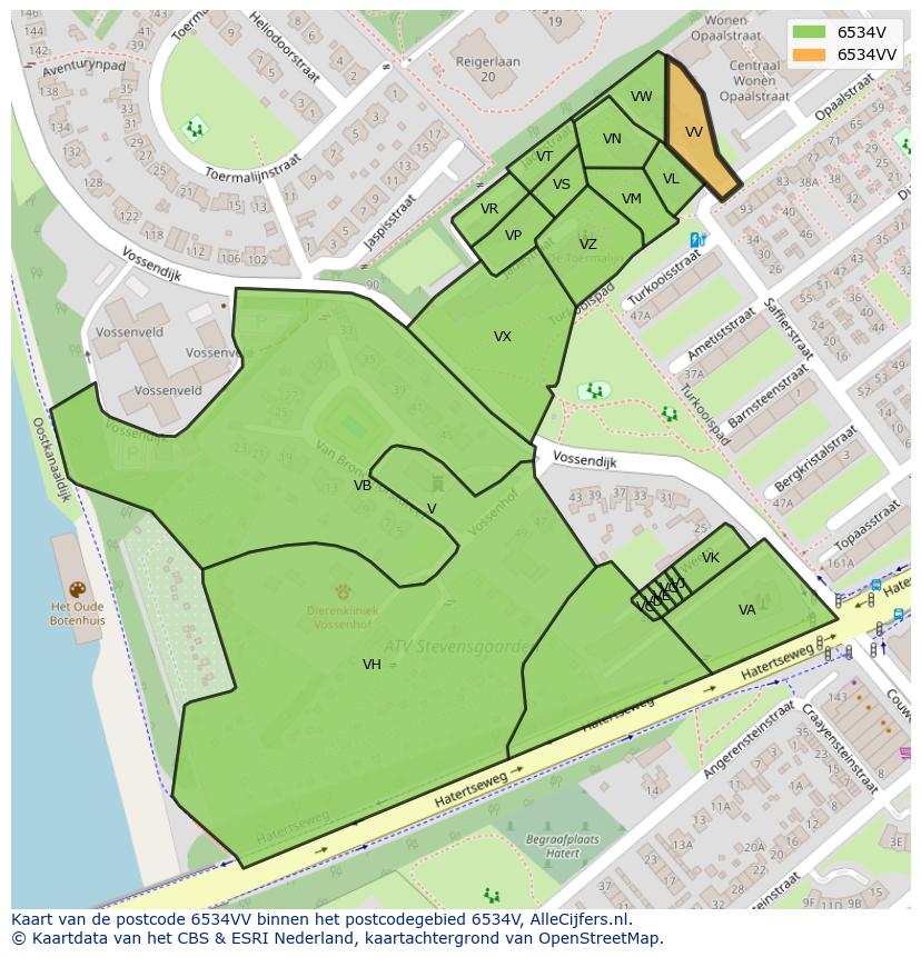 Afbeelding van het postcodegebied 6534 VV op de kaart.
