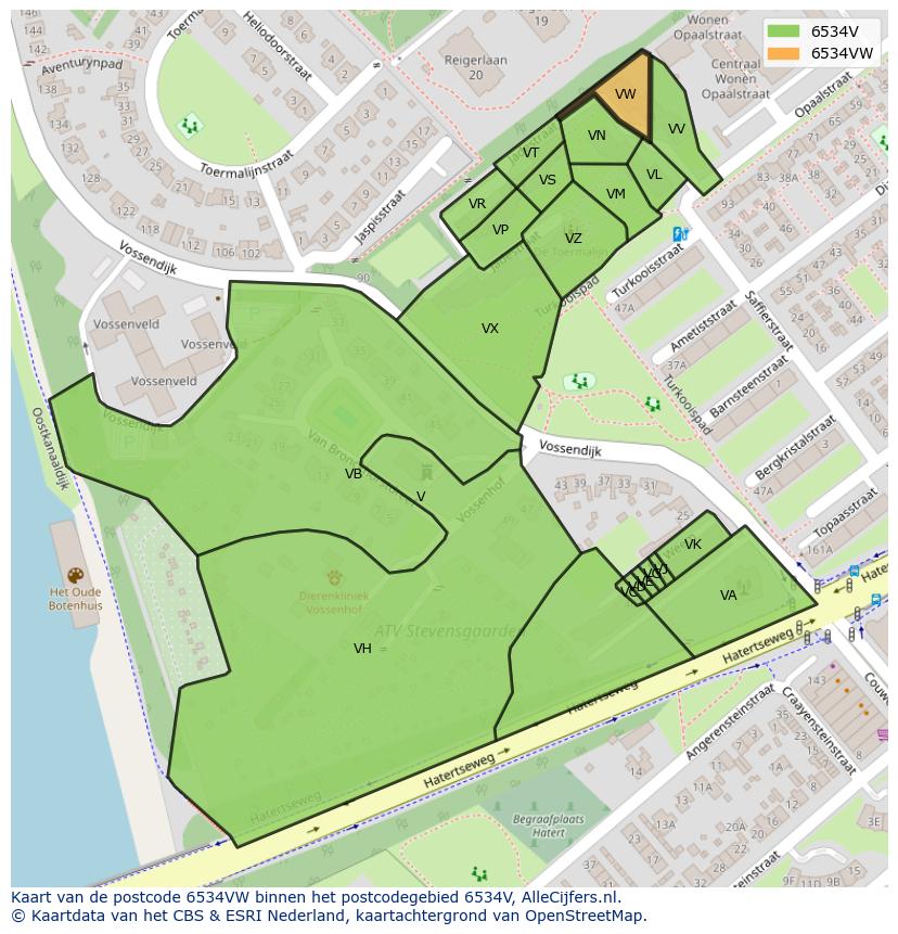 Afbeelding van het postcodegebied 6534 VW op de kaart.