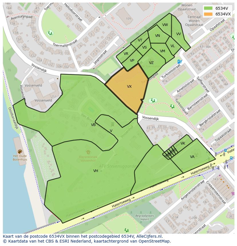 Afbeelding van het postcodegebied 6534 VX op de kaart.