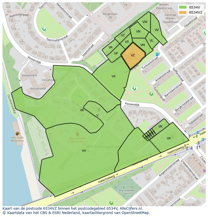 Afbeelding van het postcodegebied 6534 VZ op de kaart.