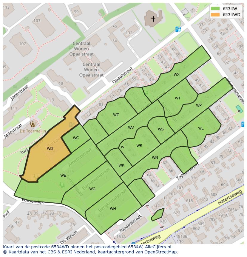 Afbeelding van het postcodegebied 6534 WD op de kaart.