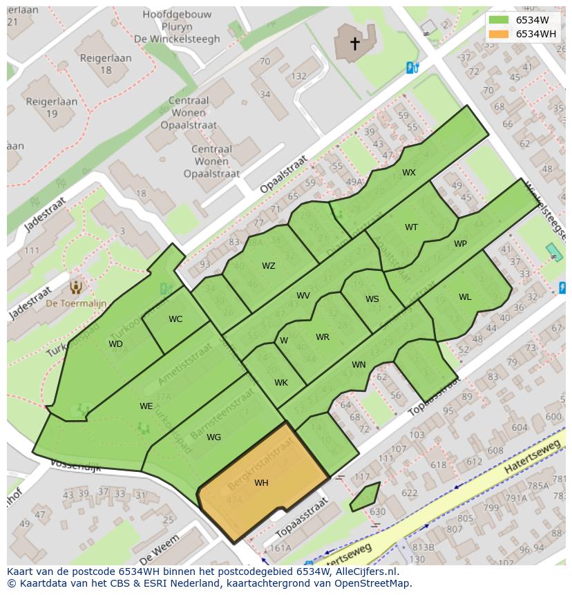 Afbeelding van het postcodegebied 6534 WH op de kaart.