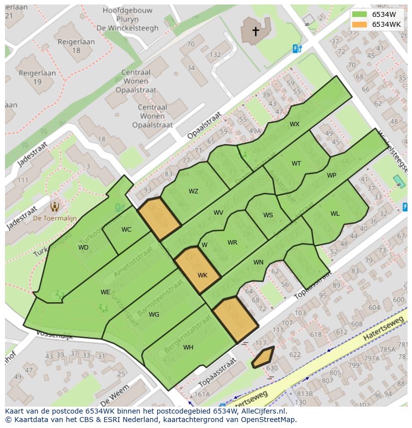 Afbeelding van het postcodegebied 6534 WK op de kaart.