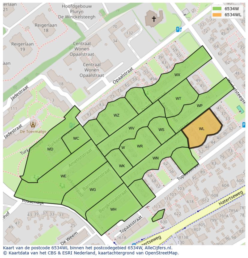 Afbeelding van het postcodegebied 6534 WL op de kaart.