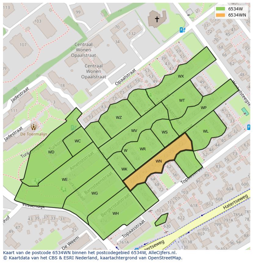 Afbeelding van het postcodegebied 6534 WN op de kaart.