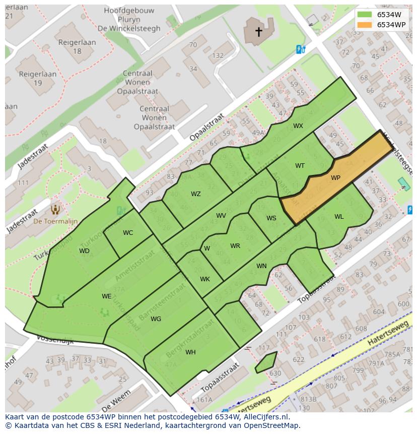 Afbeelding van het postcodegebied 6534 WP op de kaart.