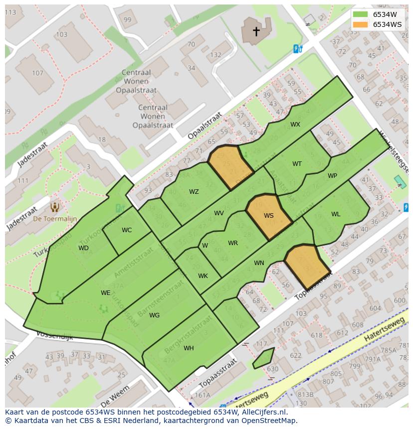 Afbeelding van het postcodegebied 6534 WS op de kaart.