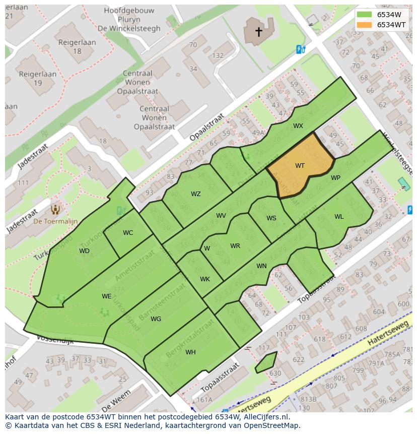 Afbeelding van het postcodegebied 6534 WT op de kaart.