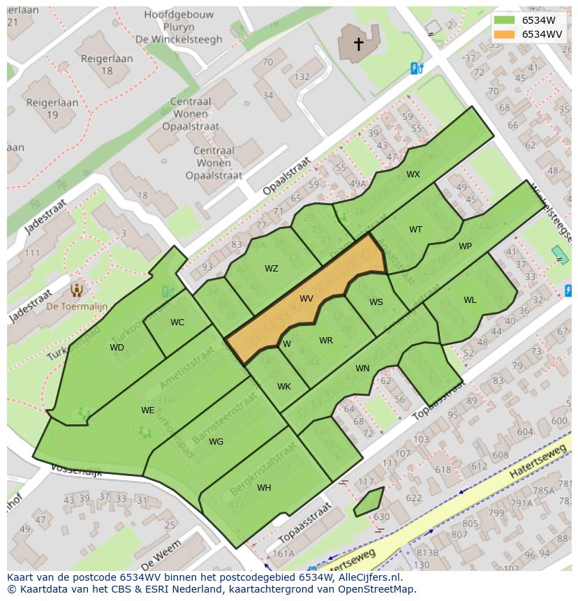 Afbeelding van het postcodegebied 6534 WV op de kaart.