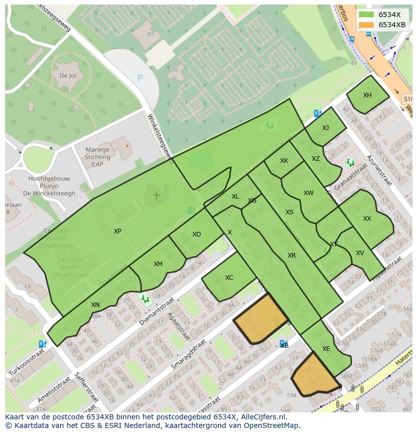 Afbeelding van het postcodegebied 6534 XB op de kaart.
