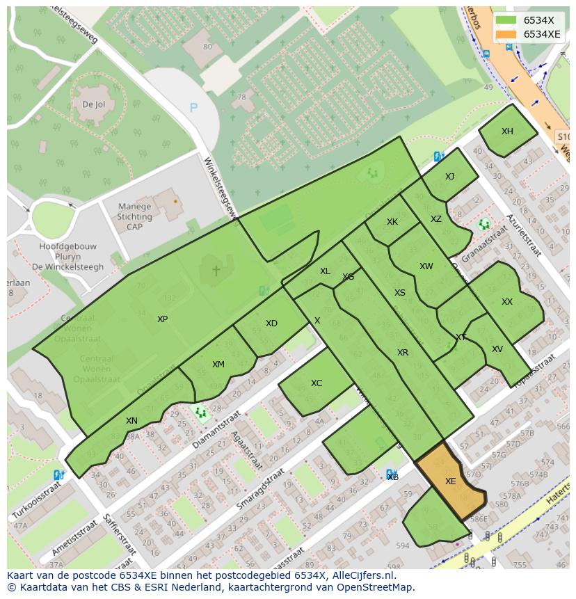 Afbeelding van het postcodegebied 6534 XE op de kaart.