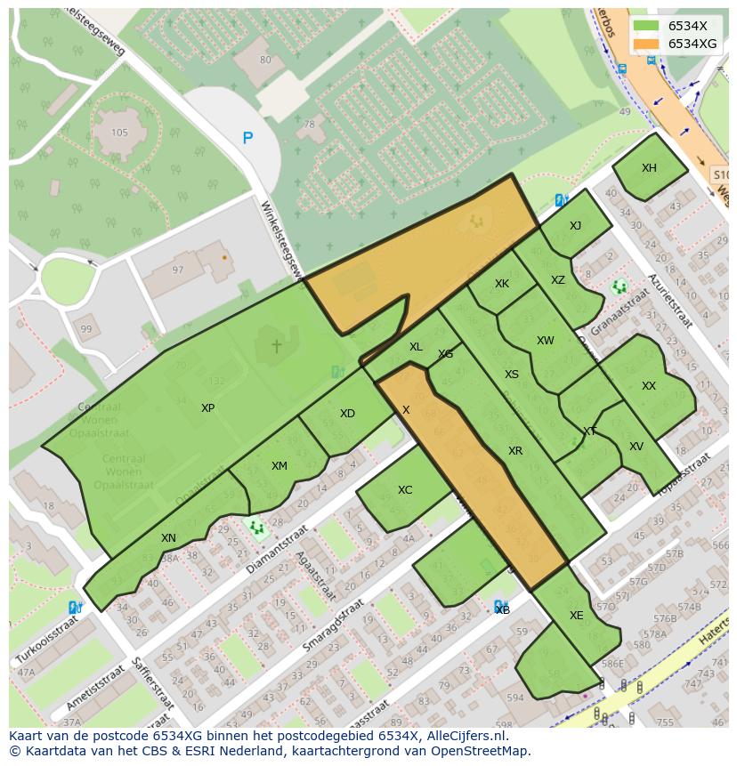 Afbeelding van het postcodegebied 6534 XG op de kaart.