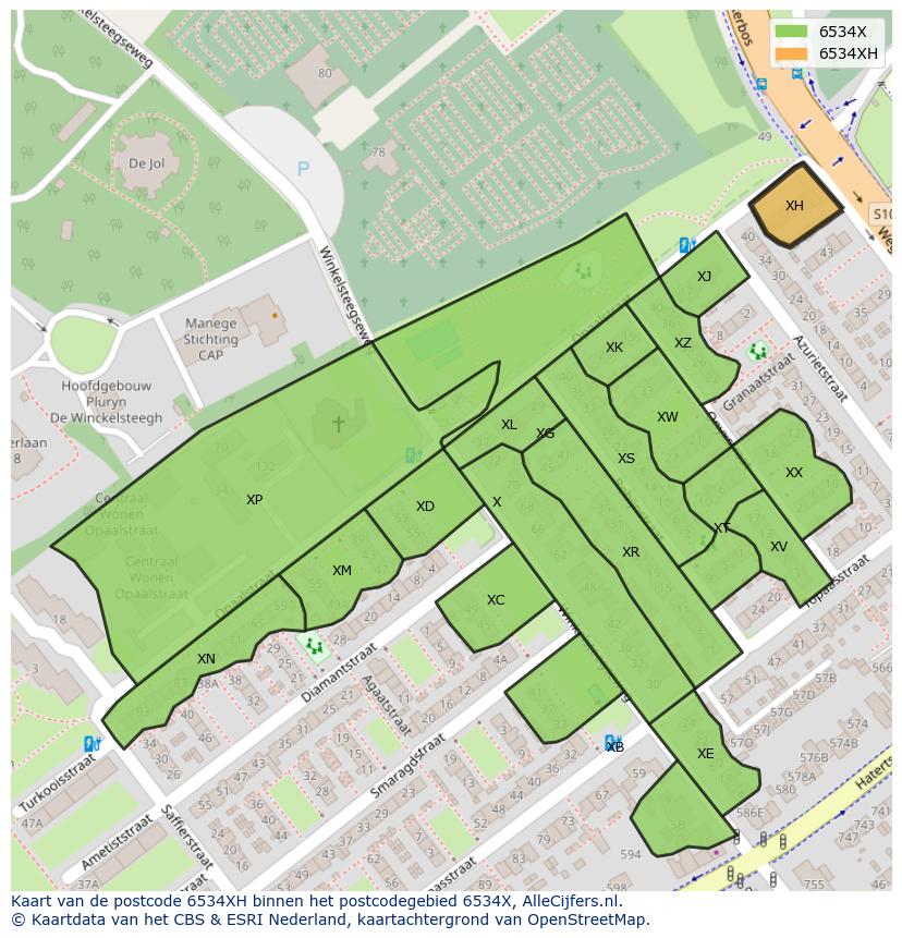 Afbeelding van het postcodegebied 6534 XH op de kaart.