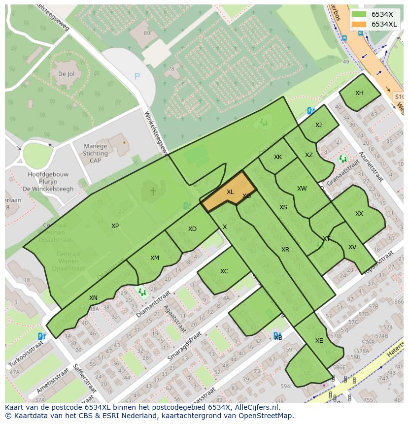 Afbeelding van het postcodegebied 6534 XL op de kaart.