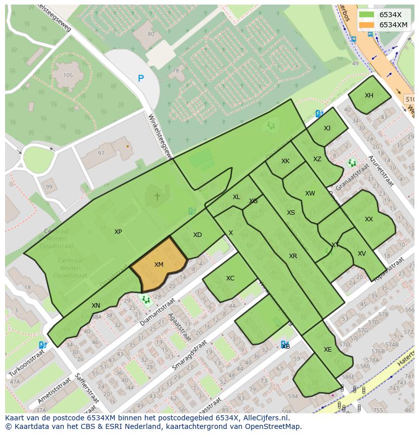 Afbeelding van het postcodegebied 6534 XM op de kaart.