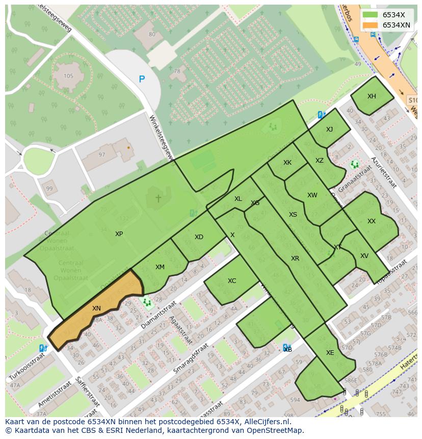 Afbeelding van het postcodegebied 6534 XN op de kaart.
