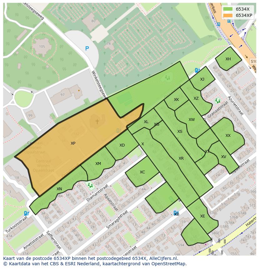 Afbeelding van het postcodegebied 6534 XP op de kaart.
