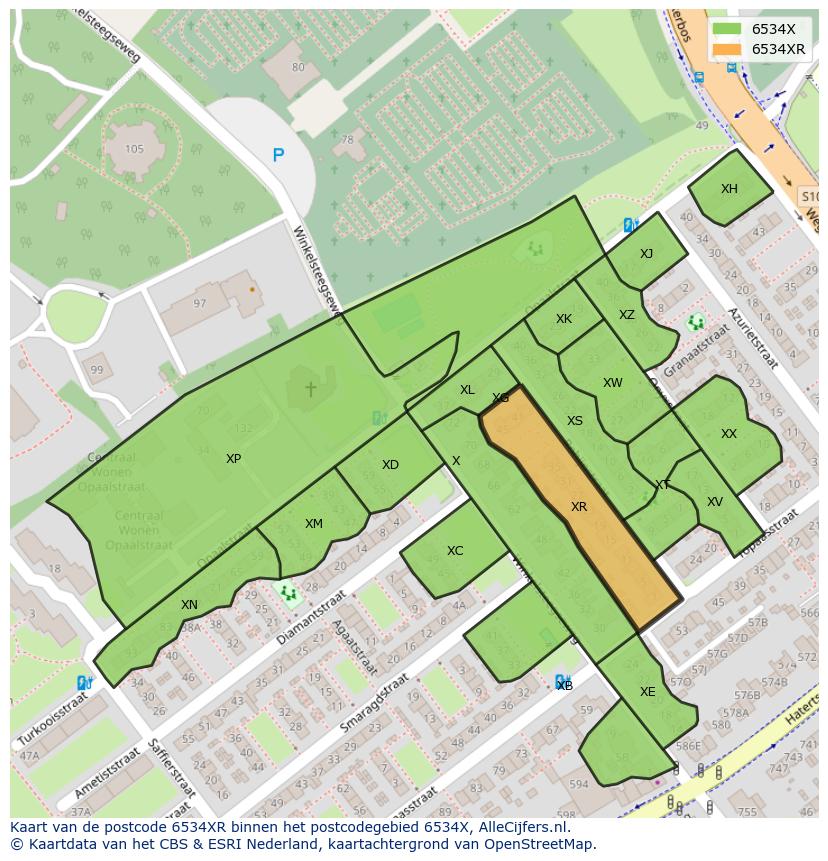 Afbeelding van het postcodegebied 6534 XR op de kaart.