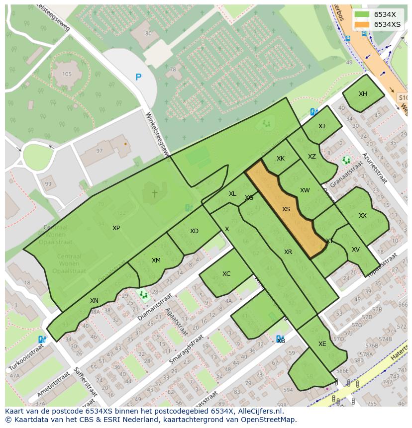 Afbeelding van het postcodegebied 6534 XS op de kaart.