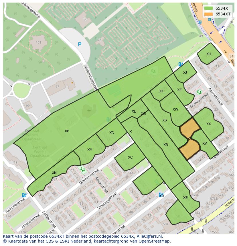 Afbeelding van het postcodegebied 6534 XT op de kaart.