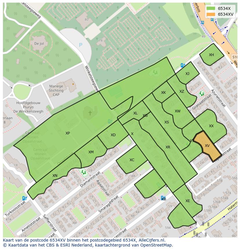Afbeelding van het postcodegebied 6534 XV op de kaart.