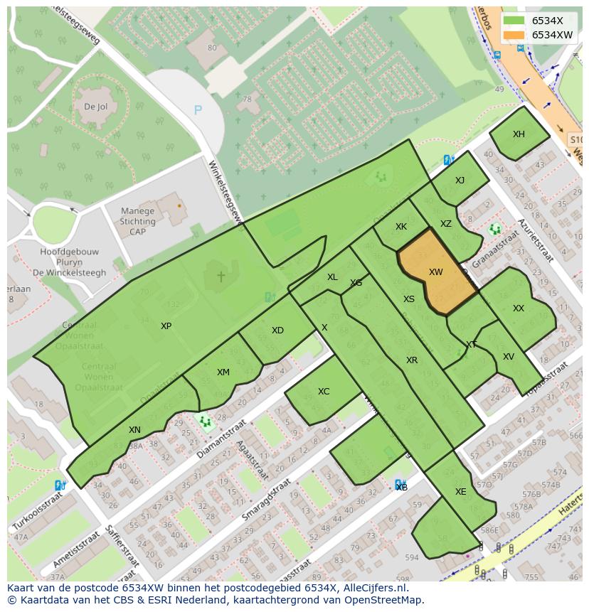 Afbeelding van het postcodegebied 6534 XW op de kaart.
