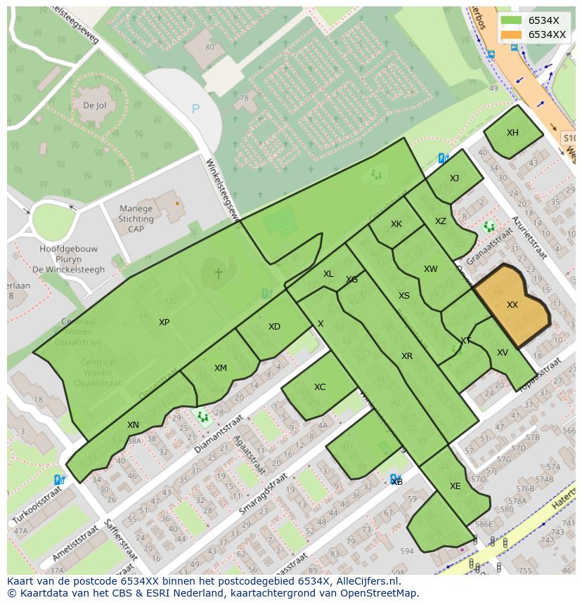 Afbeelding van het postcodegebied 6534 XX op de kaart.