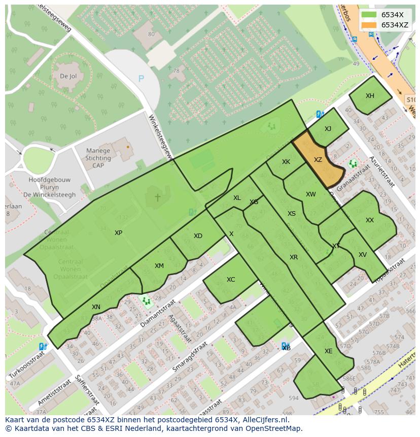 Afbeelding van het postcodegebied 6534 XZ op de kaart.