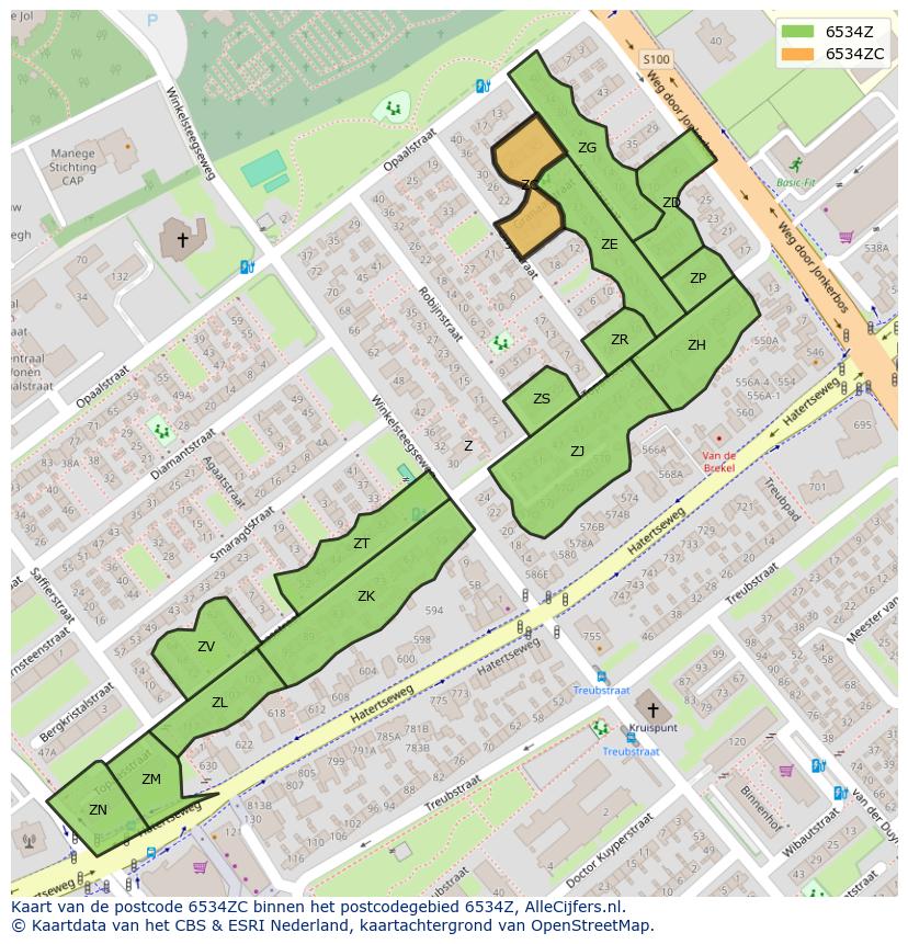 Afbeelding van het postcodegebied 6534 ZC op de kaart.