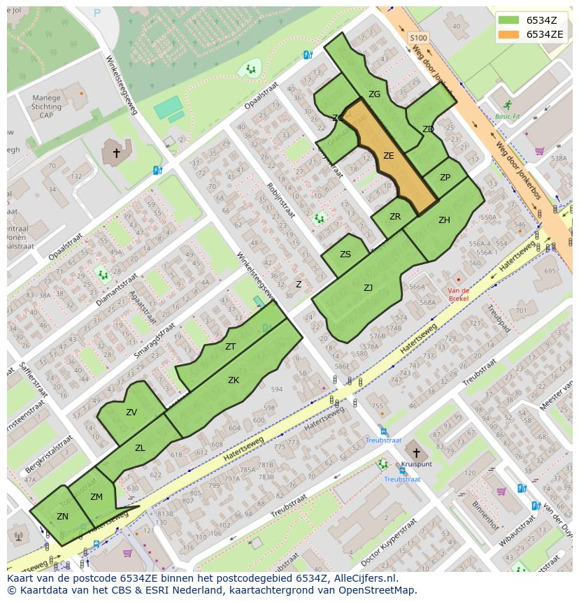 Afbeelding van het postcodegebied 6534 ZE op de kaart.