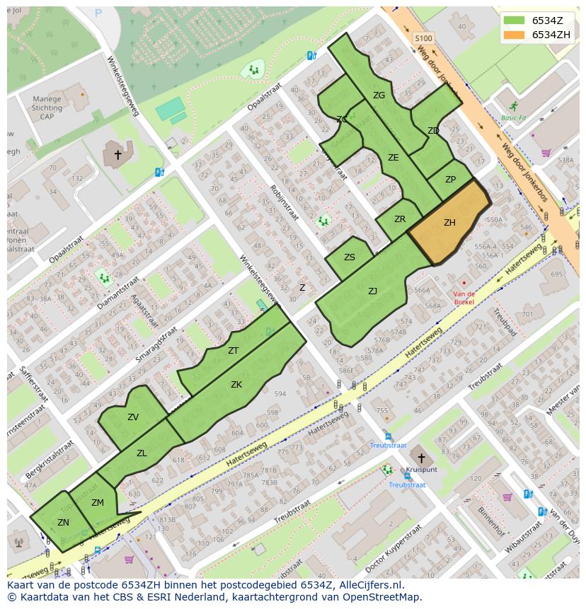 Afbeelding van het postcodegebied 6534 ZH op de kaart.