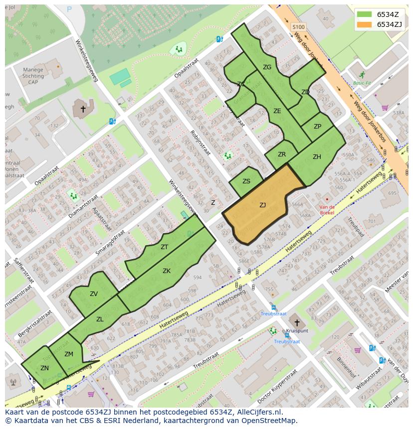 Afbeelding van het postcodegebied 6534 ZJ op de kaart.