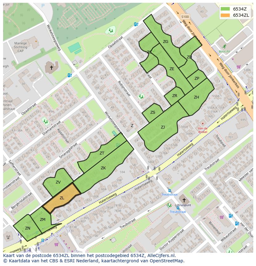 Afbeelding van het postcodegebied 6534 ZL op de kaart.