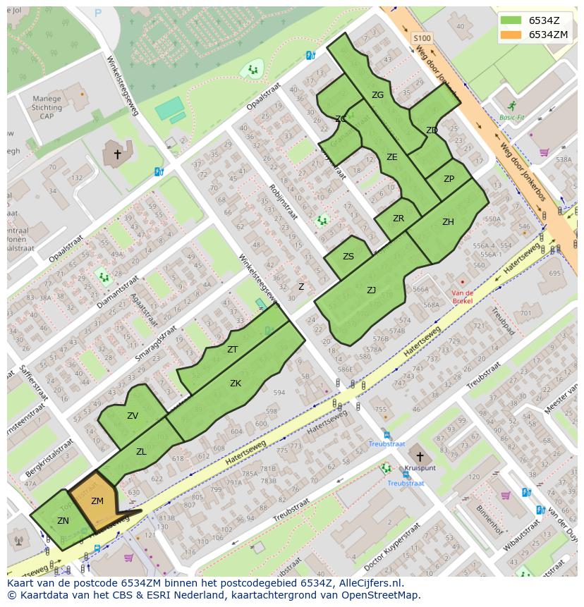 Afbeelding van het postcodegebied 6534 ZM op de kaart.