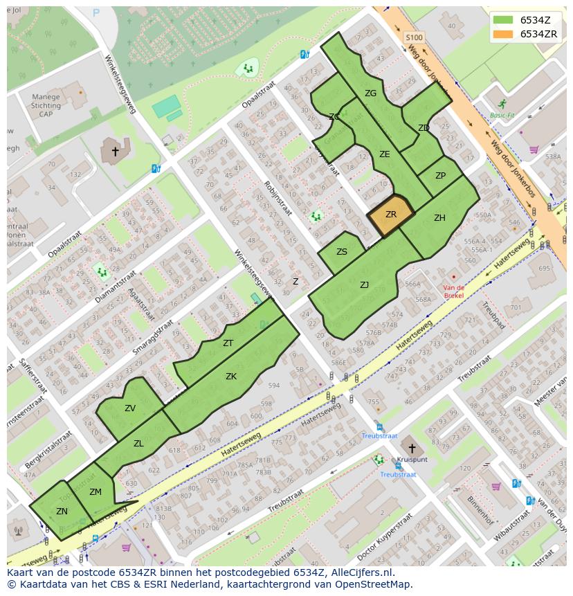 Afbeelding van het postcodegebied 6534 ZR op de kaart.