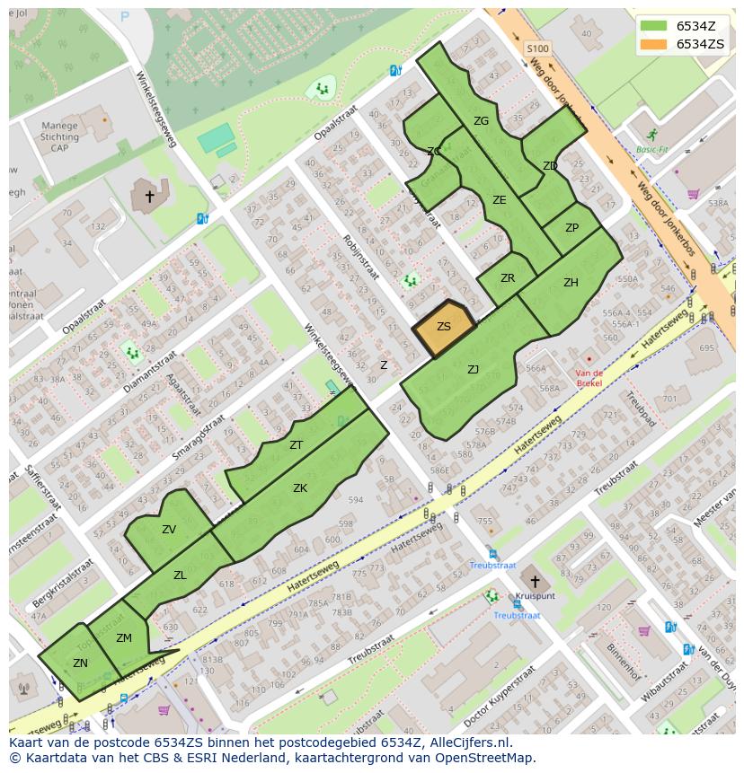Afbeelding van het postcodegebied 6534 ZS op de kaart.